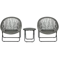 OKWISH Klappbares Outdoor-Tisch-und-Stuhl-Set aus Kunstrattan und Stahl, grau, 3-teilig, mit rundem Tisch Ø46x43 cm