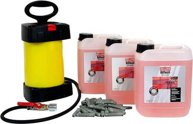 OELLERS Diffusil Horizontalsperre Set 3x5L mit Injektionspumpe & Packer für Verkieselung gegen Feuchtigkeit in Mauern/Wänden