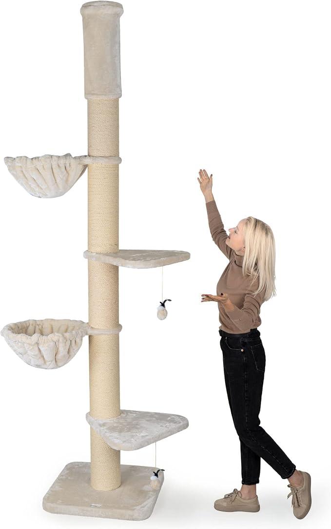Silecomplaza Kratzbaum 'Leonardo' Grosse Katzen Stabil XXL Deckenhoch, 250 bis 275 cm - 18 cm Dicke Stämme, Liegemulden bis 20 kg, Höhle, es Holz, Katzenkratzbaum für Maine Coons & Ragdolls