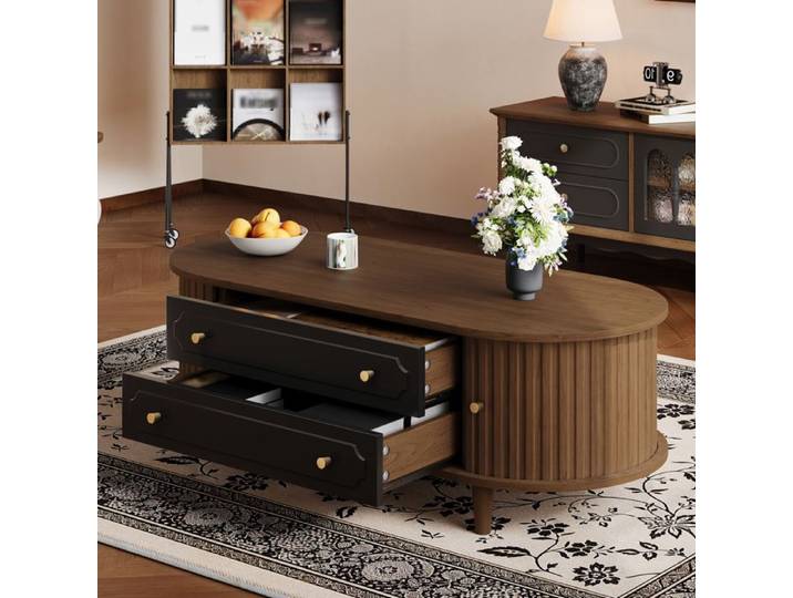 VLIVRA Table basse rectangulaire avec 2 tiroirs et 2 portes coulissantes design moderne noyer et noir