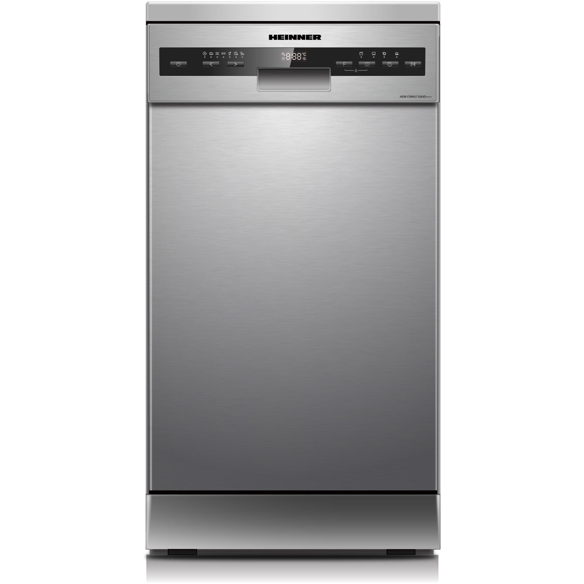 Heinner HDW-FSM45710AXD+++, Freistehend, Single (45 cm breit), Edelstahl, Silber, Tasten, LED