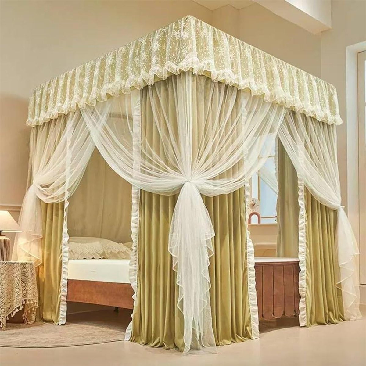 Dubbellaags kant bedluifel gordijn voor hemelbed decoratie - Groen - 200 x 220 cm