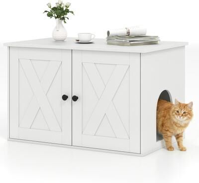 Costway Hidden Cat Litter Box Enclosure Furniture with Divider-White