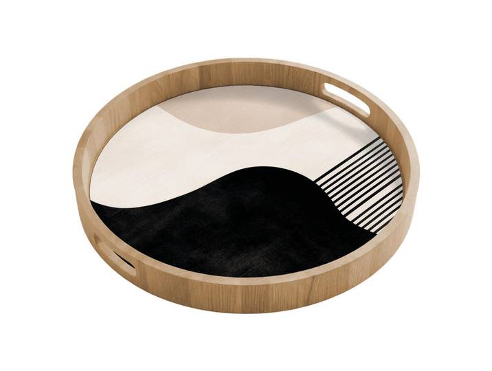 OnlyWow Tablett - Abstrakt - Japandi - Beige - Modern - 50x50 cm, Schwarz, Holz, Echtholz,Eiche, Rund, 50x5x5 cm, Geschirr, Tischkultur & Serviergeschirr, Tabletts