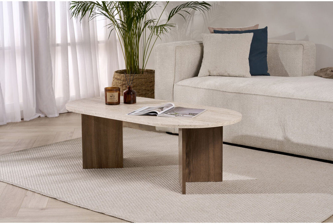 17 Stories Tatjana Coffee Table Marble/Travertine/Walnut 40cm H X 119cm W X 60cm D