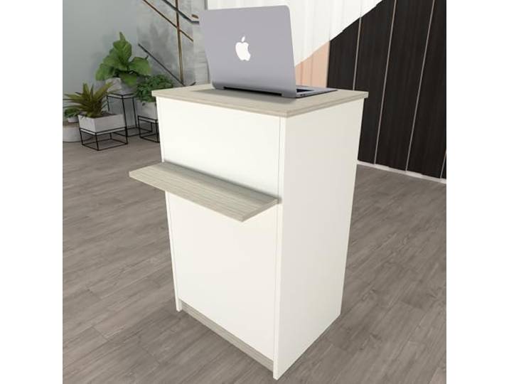 Henor EGA Theke mit Rollen 82x65x102 cm mit Ablage Weiß mit Eiche Stel 4 Rollen Ø50 mit 360°-Drehung, Bremse und Fadenfangring. Max. Belastung 135 kg; 50-cm-Korpus und vorderes Regal.