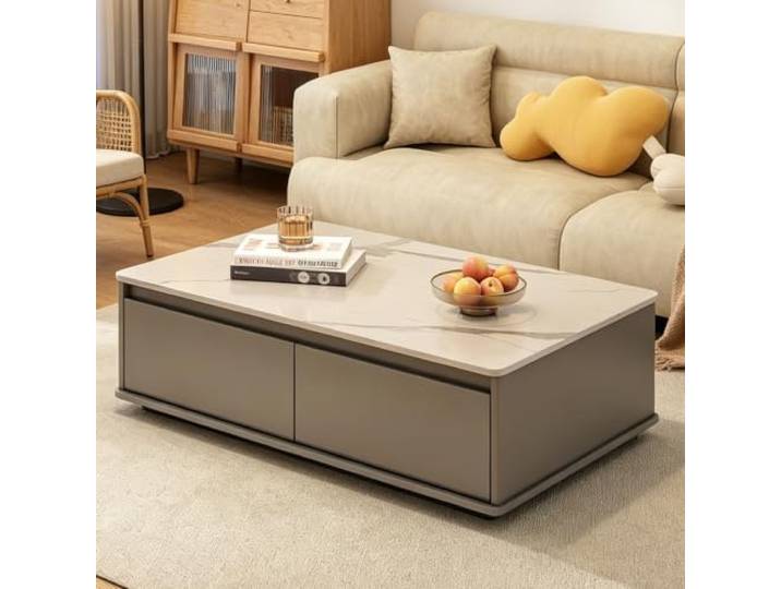 Minimalistischer Couchtisch mit zwei Schubladen, umweltfreundliche Platte Couchtisch mit 2 Schubladen & zweistufiger Platte, viel Stauraum, viele Größen & Farben(Grey,47.2in)