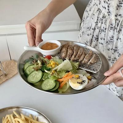 Uplifted Finds Stainless Steel Circular Barbecue Plate Dining Tray Steak Plate 17 Cm 6.69 In silver