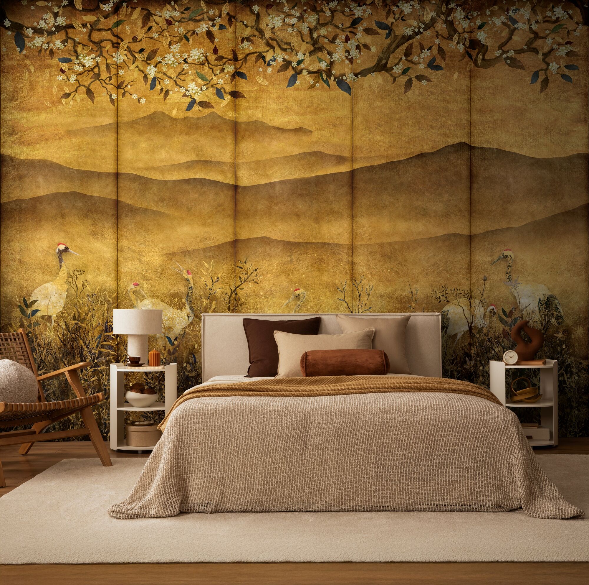 Fototapete LIVING WALLS "The Wall 4 Flowers – Goldene Berge mit Blüten und Vögeln Fototapete", braun, B:3,71m H:0m L:2,8m, Vinyl, Vlies, Tapeten, Goldene Berge mit Blüten und Vögeln – atmosphärischer Tiefe