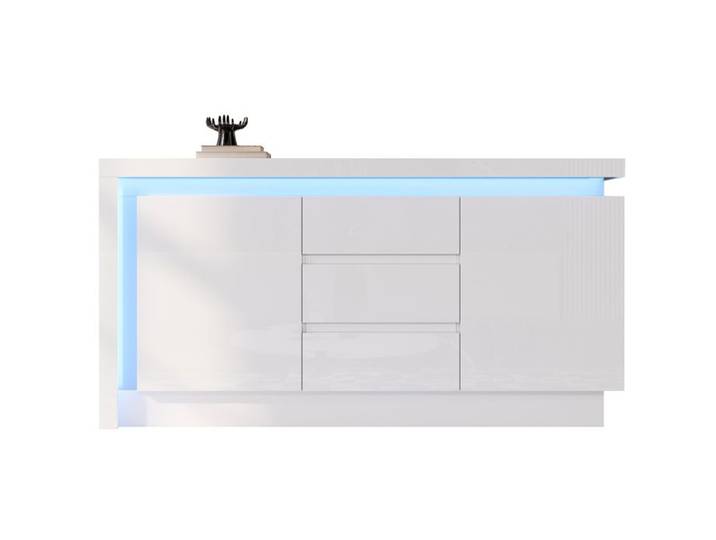 Buffet bas blanc – 140 cm – 2 portes 3 tiroirs LED et finition brillante
