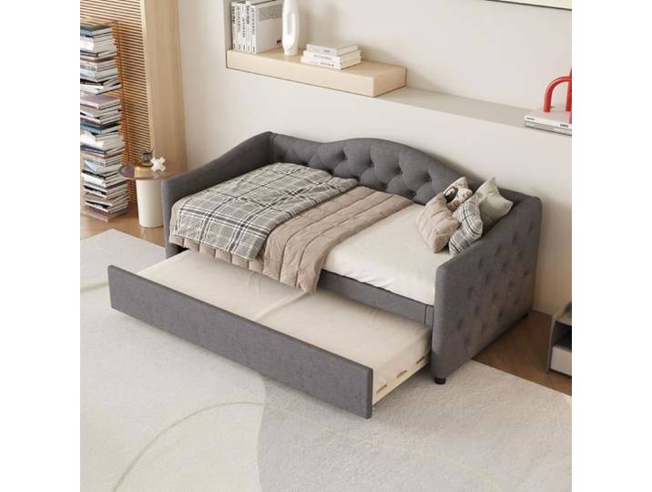 Lit gigogne - Canapé-lit - 90x200cm + 90x190cm - Lin Gris - 2/3 places - A lattes