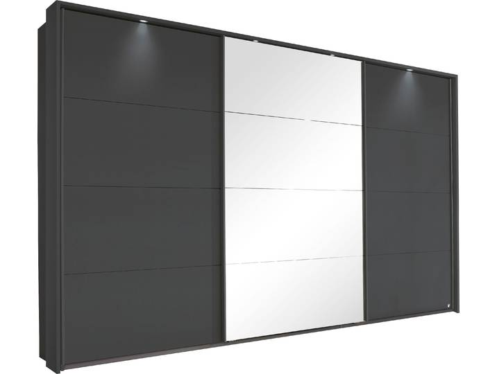 Schwebetürenschrank, Holzwerkstoff, Graumetallic, 368×233×64 cm, Mit Beleuchtung & Passepartout, Modern, Rauch