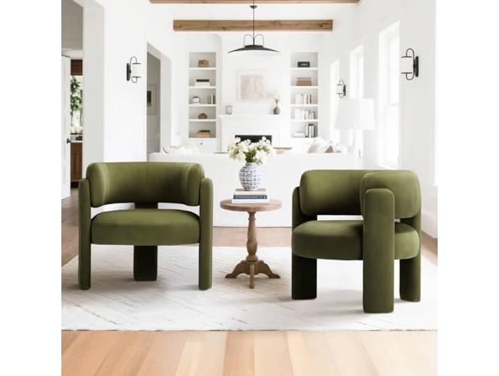 COLAMY Modern Velvet Ohrensessel 2er Set, Gepolsterter Sessel Wohnzimmer, Bequemer Runder loungesessel mit 3 Beinen für Wohnzimmer, Schlafzimmer, Leseecke, Grün