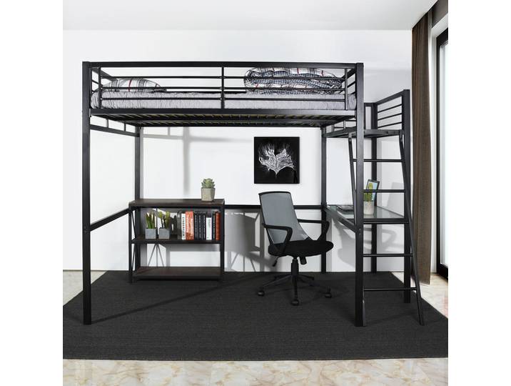 Meubles Cosy Hochbett Metall Schwarz 140x200 cm – Loftbett mit Arbeitsbereich, Leiter und Sicherheitsgeländer, 145.5x201 cm, Babymöbel & Kindermöbel, Kinderzimmer & Jugendzimmer, Kinderbetten, Hochbetten