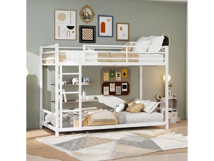 Lit superposé en fer 2x90x190 cm classic white cadre stable hauteur 136 cm espace réduit