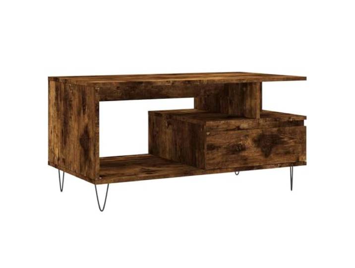KMVXCVNM Couchtisch Räuchereiche 90x49x45 cm Holzwerkstoff Sofatisch Praktischer Wohnzimmertisch mit geräumiger Schublade, stabilen Metallbeinen und pflegeleichter Ablagefläche.