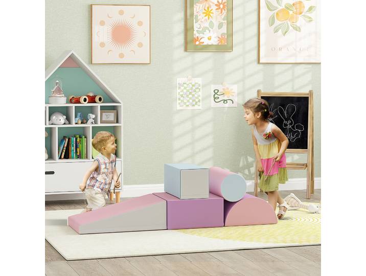 HOMCOM Blocs souples, ensemble de 5 blocs en mousse pour enfants de 1 à 3 ans, similicuir, Multicolore