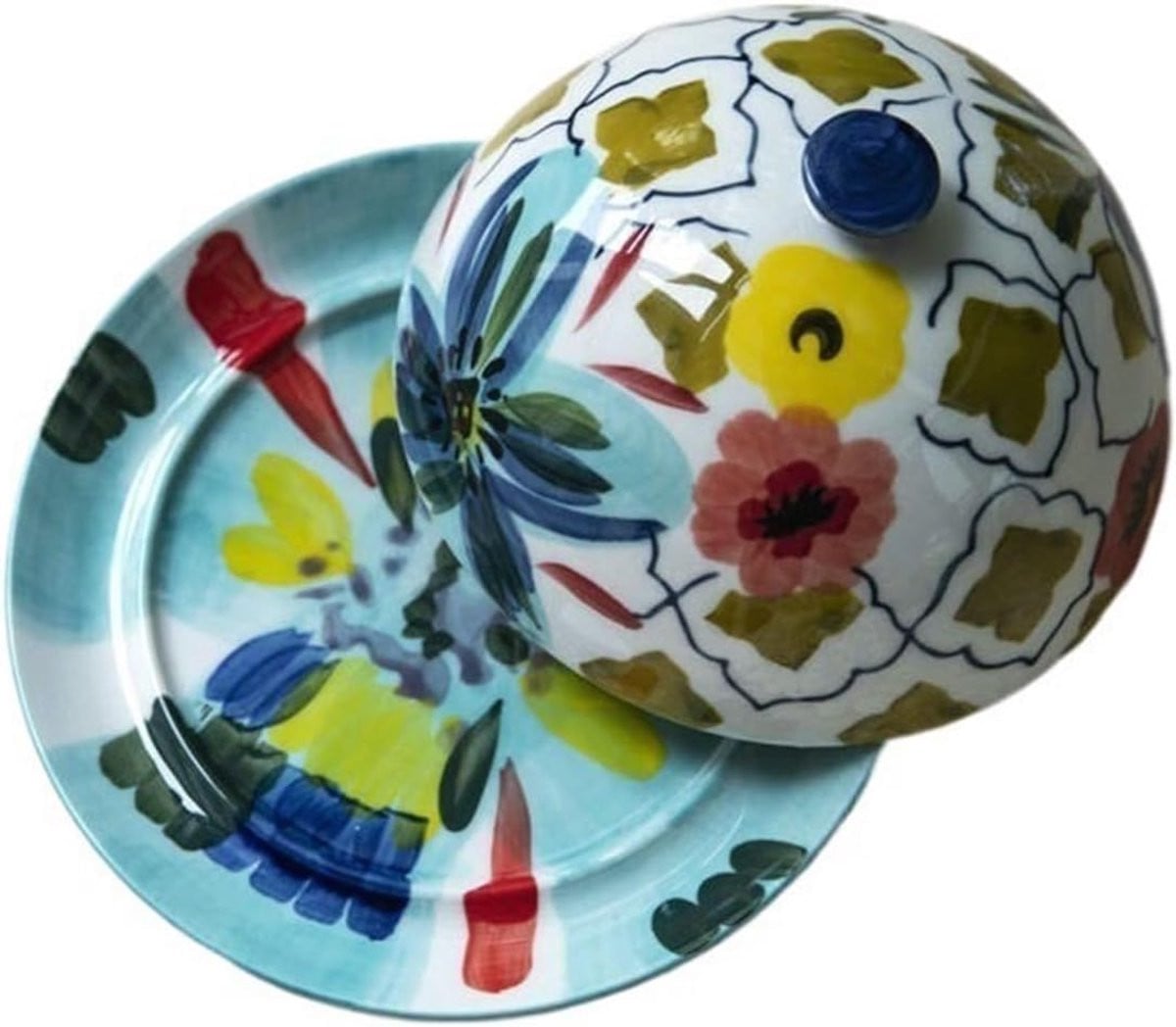 Handgeschilderd Keramisch Botervlootje met Deksel - Diameter: 14,5 cm