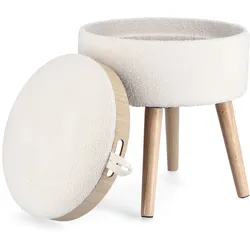 Hocker Zoya aus Bouclè-Stoff, modern mit Stauraum und Tablett, Weiß, rund, von Bizzotto