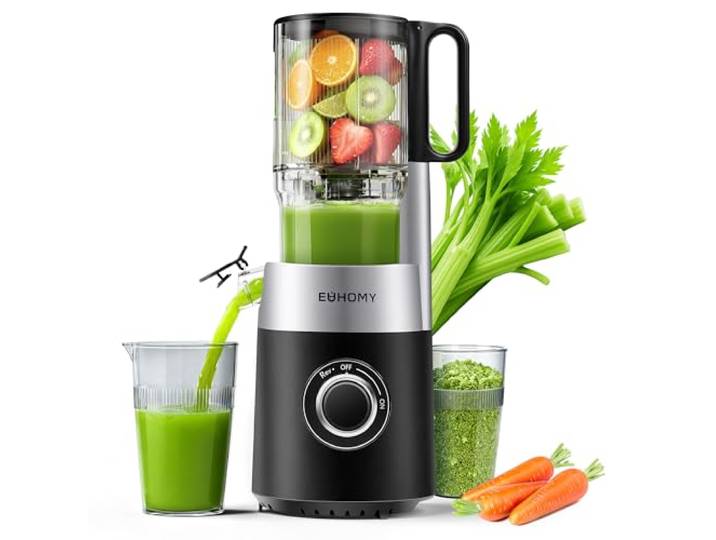 EUHOMY Entsafter, Slow Juicer für Ganze Gemüse und Obst, 135 mm großem Einfüllschacht 1,8 L Füllvolumen, Klingenkonstruktion aus Edelstahl- Leicht zu Reinigender Kaltpresse Saftpresse mit 2 Gläsern
