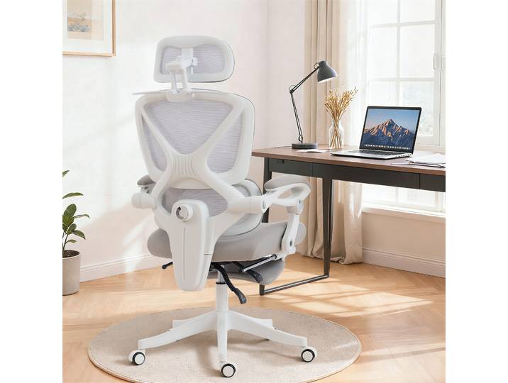 HOMCOM Chaise Bureau Ergonomique Maille Grise Appui-Tête Réglable