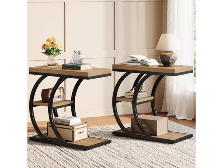 LITTLE TREE Beistelltisch 2 Set, 3 Ebenen Konsolentisch für Wohnzimmer Flur C-Förmig Sofatisch Holz, Industrieller Kleiner Tisch Beistelltisch für Schlafzimmer, kleine Räume