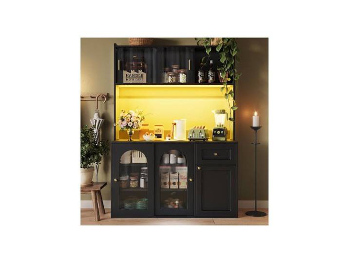 Buffet Haut Noir avec LED Vaisselier Armoire Moderne en MDF avec Vitrines Étagères Réglables et Tiroirs 120x35x167cm
