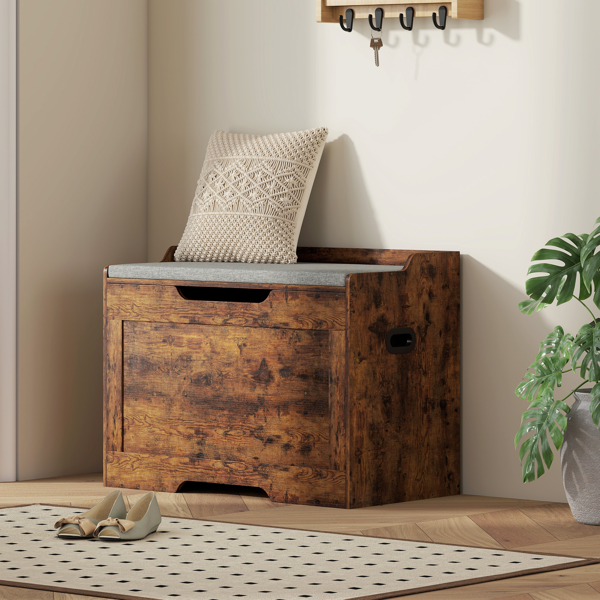 Homcom Panca Contenitore da 103L Multifunzione color Legno con Cuscino in Tessuto Grigio, 75x40x56 cm   Aosom Italy