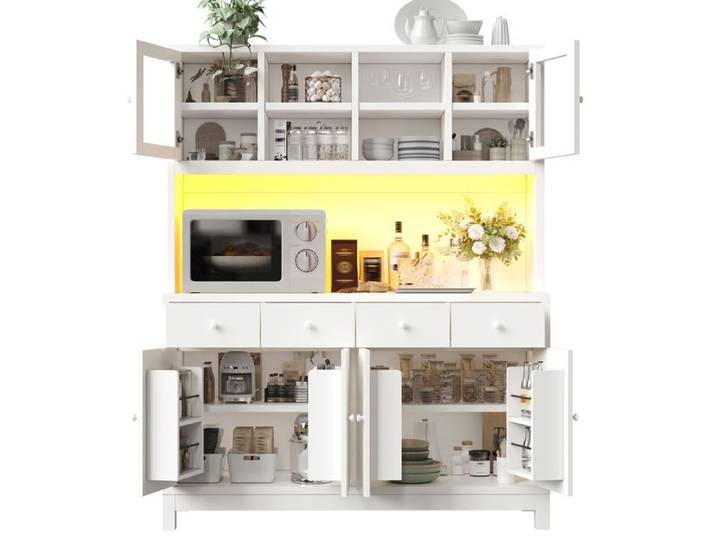 Buffet haut de cuisine Blanc meuble moderne avec LED avec 4 tiroirs plan de travail 140x38.5x180cm cuisine salon
