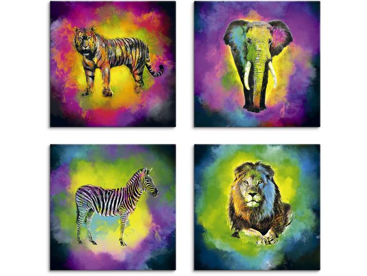 Leinwandbild ARTLAND Farbexplosion Elefant Löwe Zebra Tiger , bunt (farbe bild(er): bunt), B:30cm H:30cm, Leinwand, MDF, Bilder, Leinwandbild, 4er Set, verschiedene Grössen