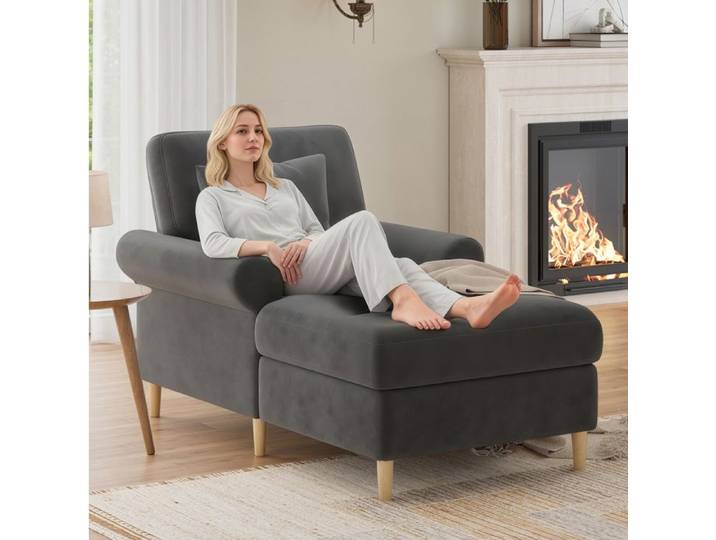 ROVRYN Fauteuil relax 1 place avec méridienne velours gris coussin inclus 133 x 90 x 87 cm