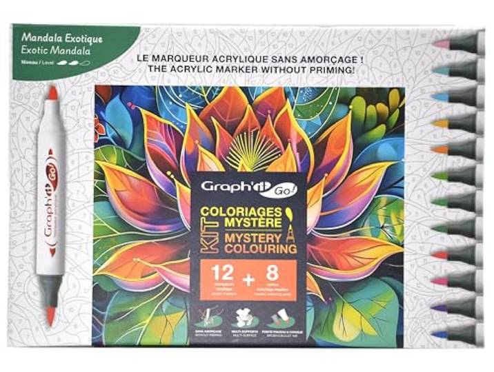 Graph'it Go - Kit Coloriage Mystère 12 marqueurs acryliques sans amorçage\, double pointe pinceau et fine + 8 cartes A4 de coloriage mystère à colorier - Set Exotic Mandala
