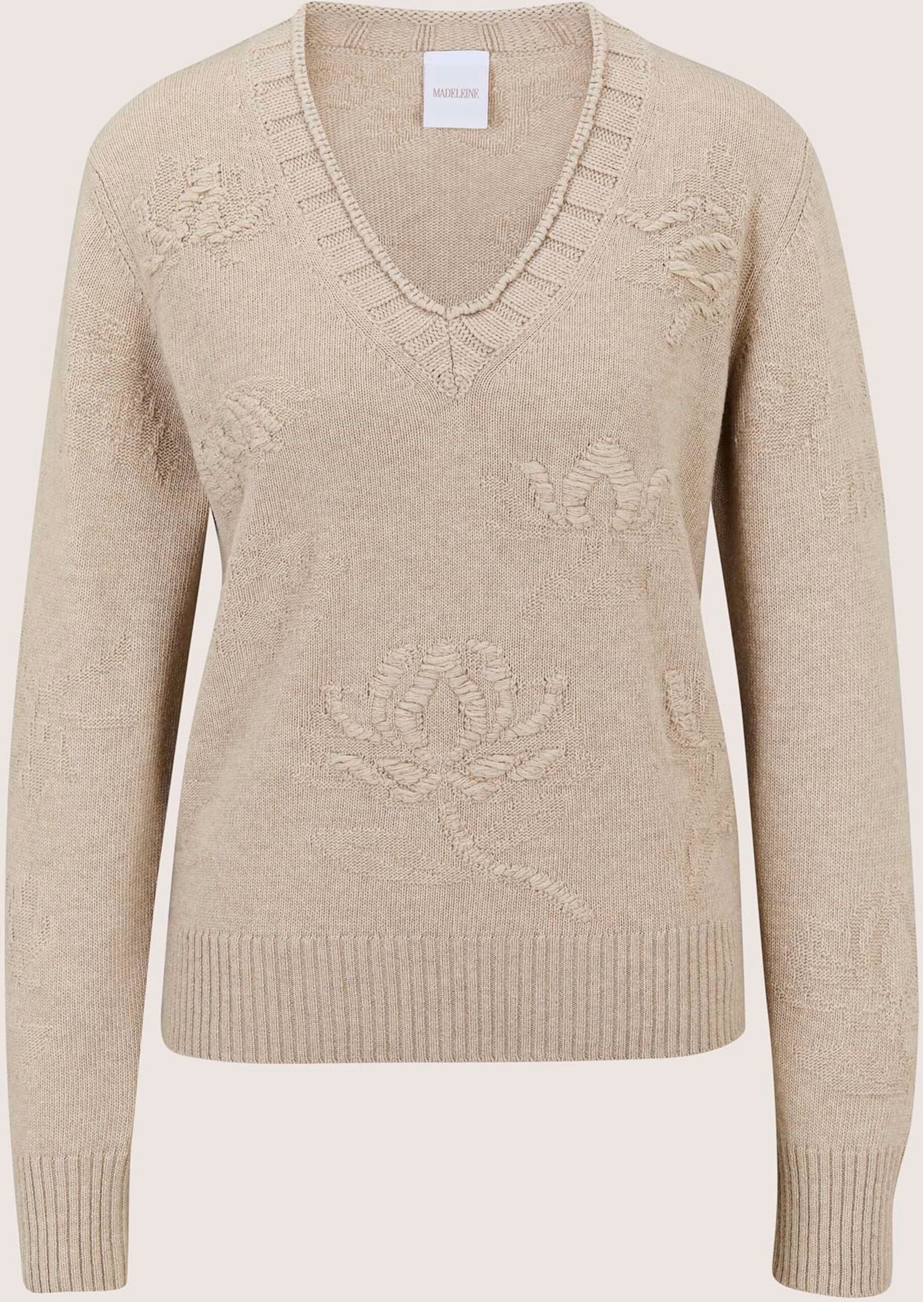 Longpullover MADELEINE "Kaschmirpullover Eleganter Strickpullover mit floralem Design", Damen, Gr. 40/42, beige, Modern, V-Ausschnitt, Pullover Longpullover, florales Strickmuster