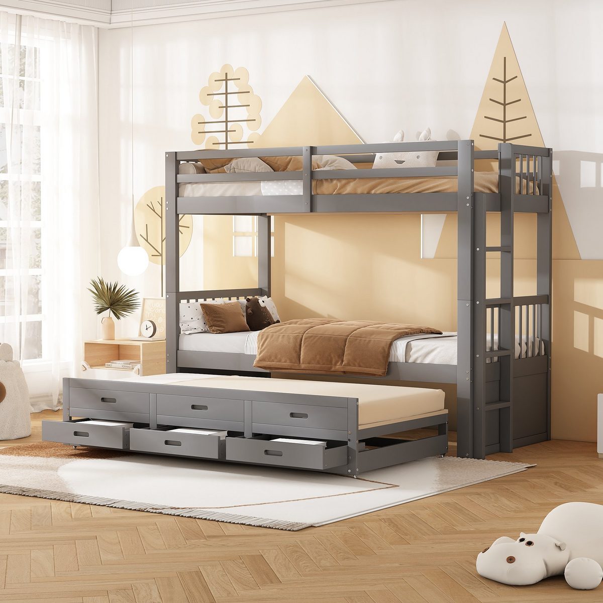 Etagenbett 90x200cm Kinderbett Hausbett Maedchen Jungen Bettgestell Kiefernholz MDF Leiter ausziehbarem Bett 3 Schubladen Ohne Matratze Grau