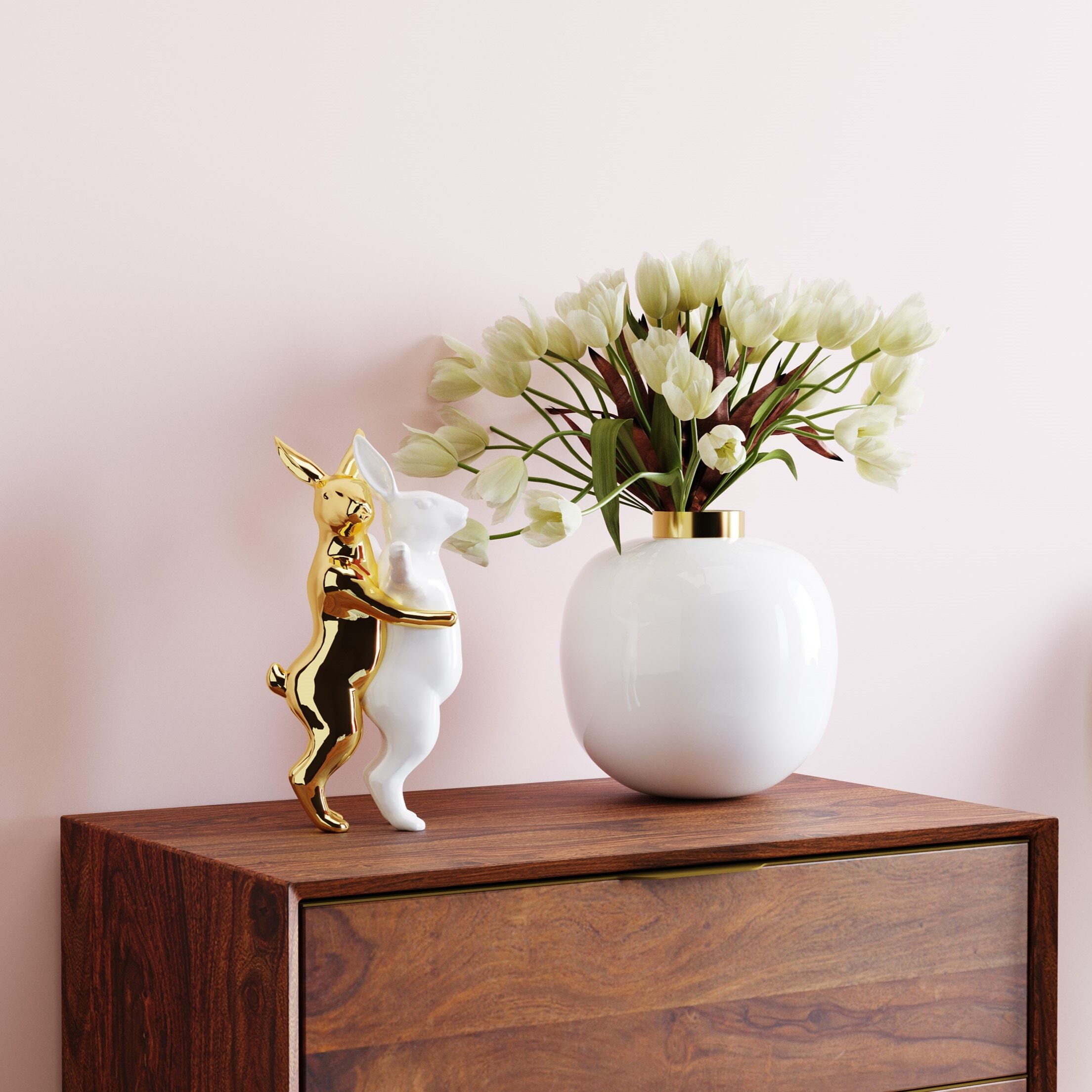 Dekofigur KARE DESIGN "Deko Figur Hugging Rabbits Medium", gold (goldfarben), B:14,7cm H:24,5cm T:11,5cm, Steingut, Dekofiguren, Dekofigur
