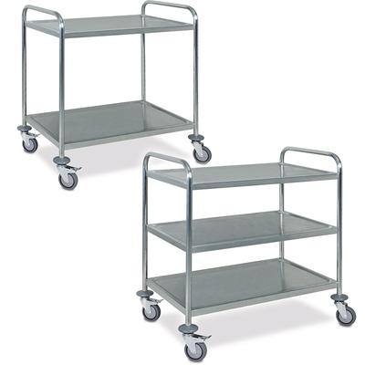 BRB 2 Servierwagen/Etagenwagen aus Edelstahl, 1x Edelstahl-Servierwagen mit 2 Böden, 1x Edelstahl-Servierwagen mit 3 Böden