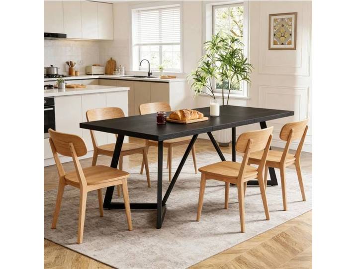 HOMVRA Table à manger rectangulaire 180x80x75 cm plateau MDF noir décor bois pieds métal