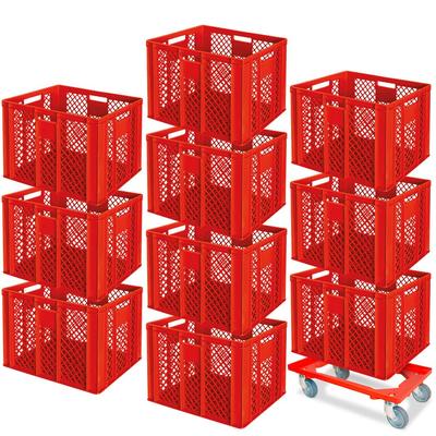 BRB 10 Euroboxen, 600x400x410 mm, lebensmittelecht, rot + Transportroller