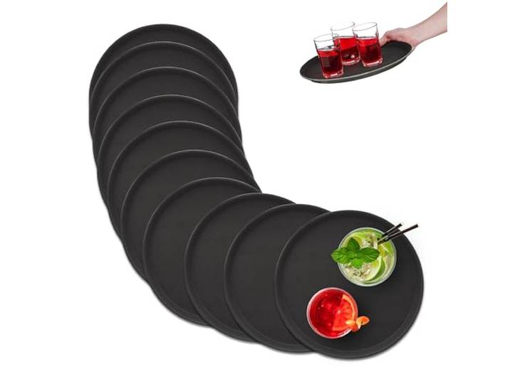 Relaxdays Serviertablett im 10er Set, rutschfeste Oberfläche, rundes Kellnertablett, Gastronomie, Ø 35 cm, schwarz