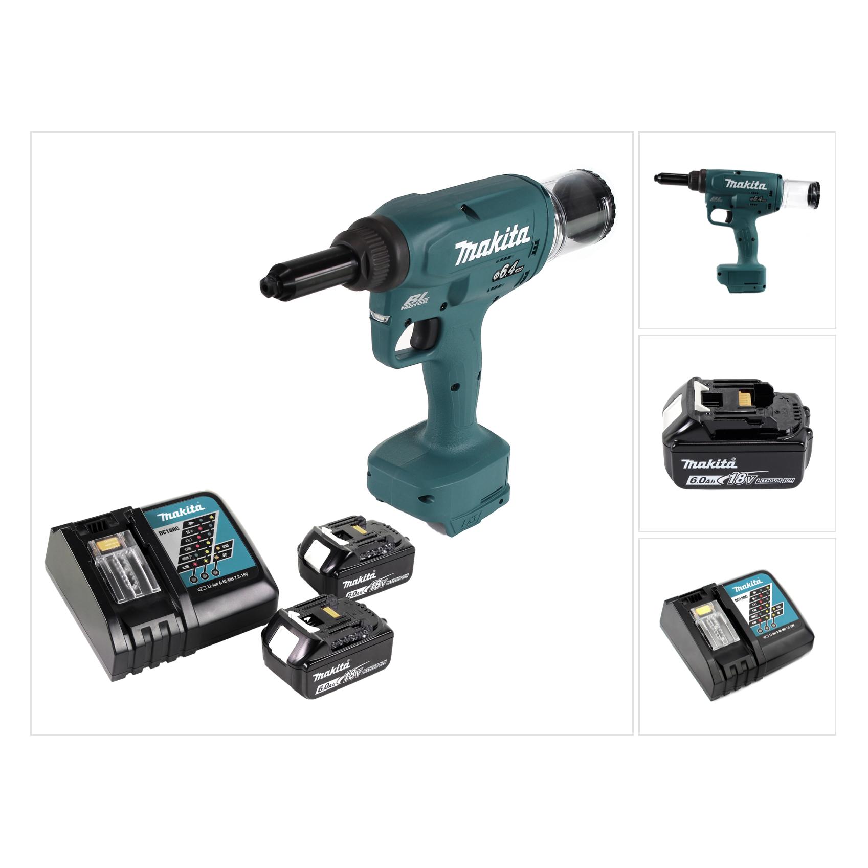 Makita DRV 250 RG Akku Blindnietsetzgerät 18V 20kN Brushless + 2x Akku 6,0Ah + Ladegerät (DRV250)