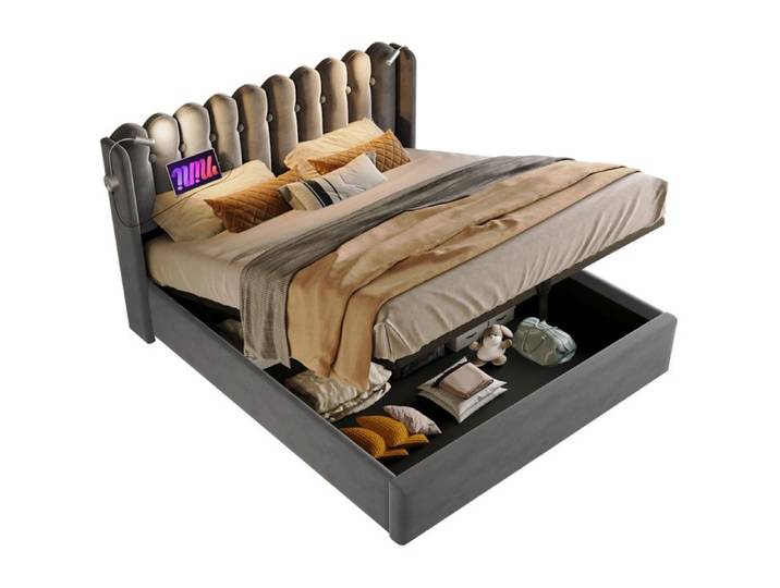 Polsterbett Doppelbett 160x200 avec Leselicht Ladefunktion et Stauraum Kopfteil en Samt Gris sans Matratze