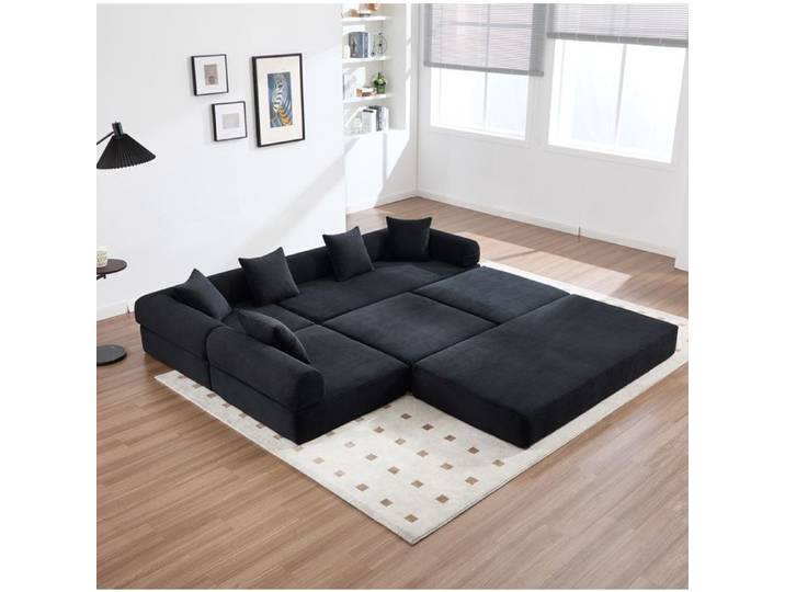MEUVYX Canapé d'Angle Modulable 4 Places Convertible avec Poche Latérale en Velours Côtelé Noir