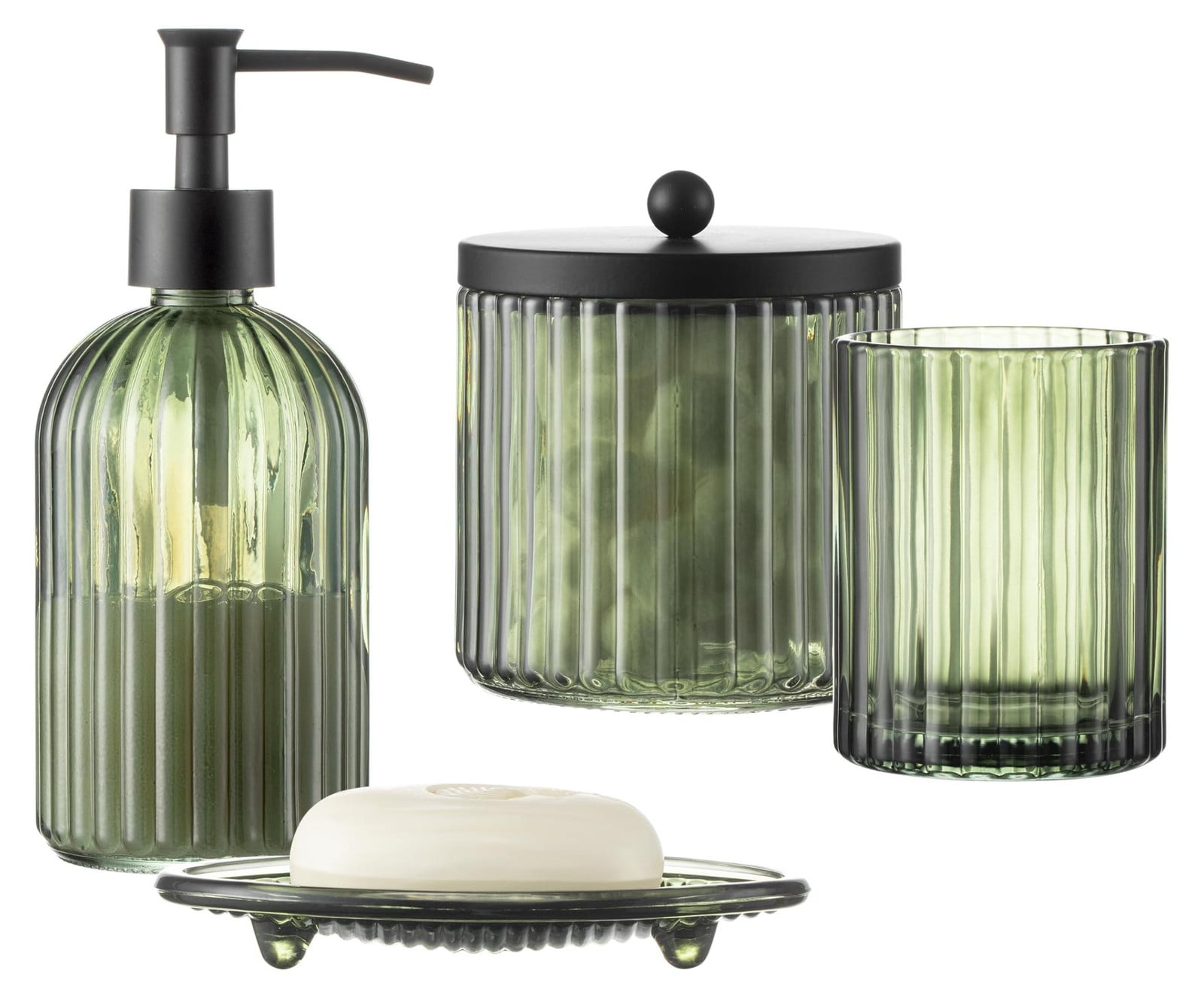 KMwares 4-delige glazen badkamer accessoires set met decoratief patroon, Oliver Green