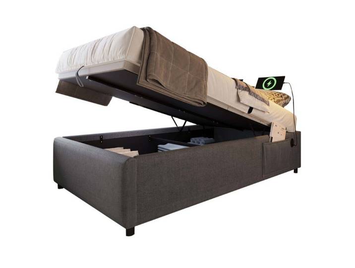 ULEVR lit coffre 1 place 90x200 cm gris sommier relevable avec USB Type-C sans tête de lit coton-lin