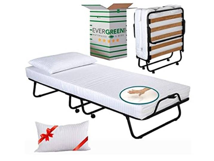 EVERGREENWEB Klappbett 90x200 mit Matratze aus Memory Foam, Höhe 12 cm + Visco Kissen GRATIS, Lattenrost aus Holz, Stabiler Metall-Rahmen mit Rollen und Bequeme Matratze, Platzsparend Klappbett