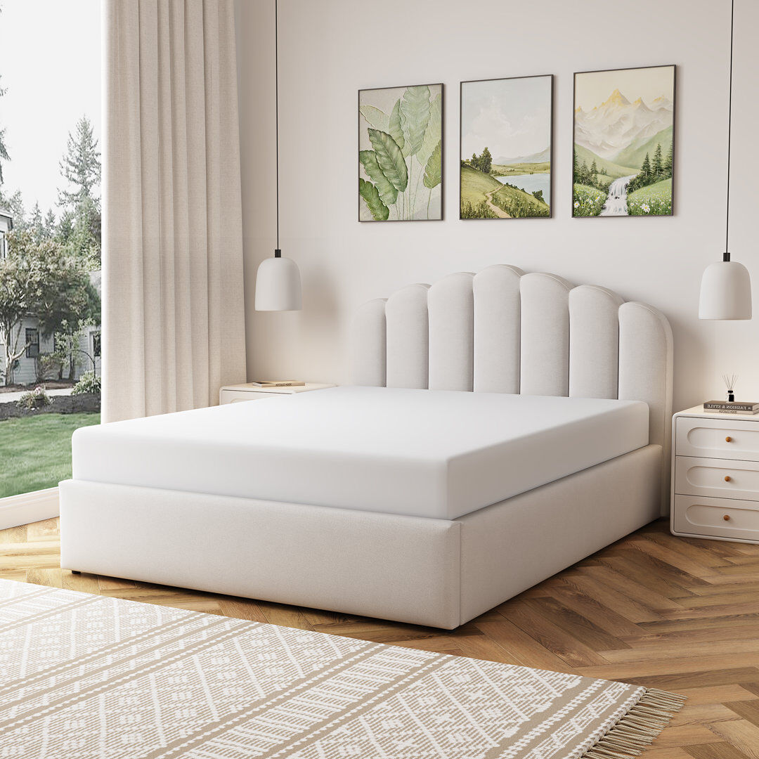 Latitude Run Upholstered Linen Lift Up Storage Ottoman Bed Beige King (5')