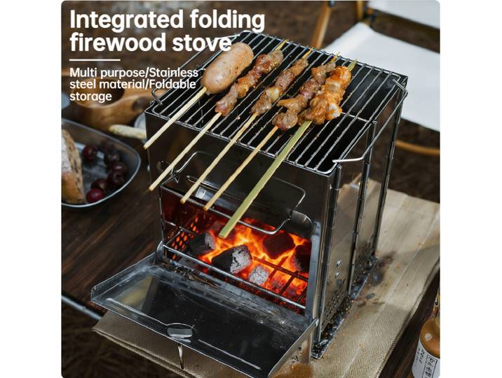 Poêle chauffant de camping en plein air, poêle de rangement portable pliable intégré pour l'extérieur, barbecue en acier inoxydable pour bois de chauffage au charbon de bois
