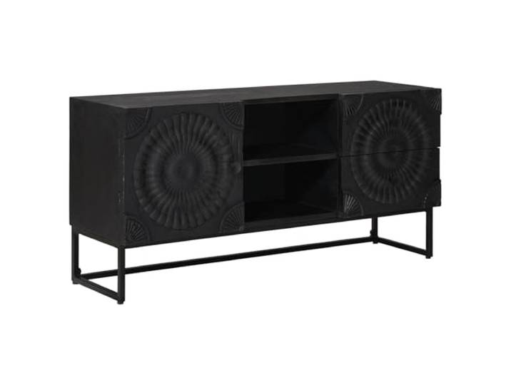 Foknhdi TV-Schrank Schwarz, Lowboard Mangoholz Massiv & Holzwerkstoff, Fernsehtisch 105x30x54 cm mit 2 Schubladen, 1 Tür & Regal, Modernes TV-Board & Mediaschrank fürs Wohnzimmer