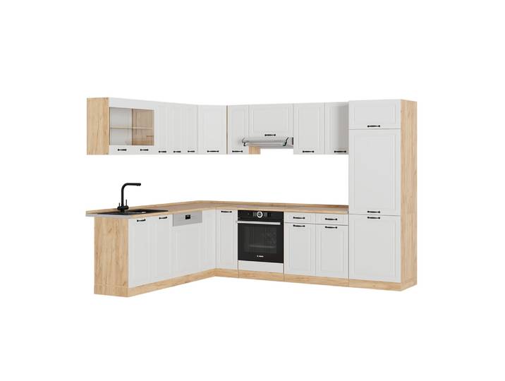 Cuisine en angle pt chêne blanc campagnard 287x81,6cm