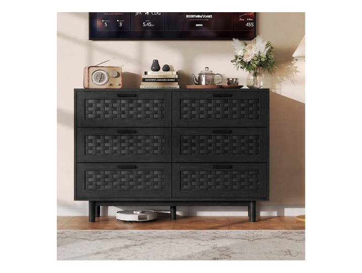 Simurq Kommode Kommode mit 6 Schubladen,Sideboard,Natürliche Textur,Stabiler Rahmen (Aufbewahrungsschrank,Stauraum fur Schlafzimmer Flur Wohnzimmer), Stabiler Rahmen,Versenkte Stossichere Griffe